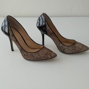 Clearance!Enzo Angiolini Black Patent Leather Speckled Brown/Tan Calf Hair Heels